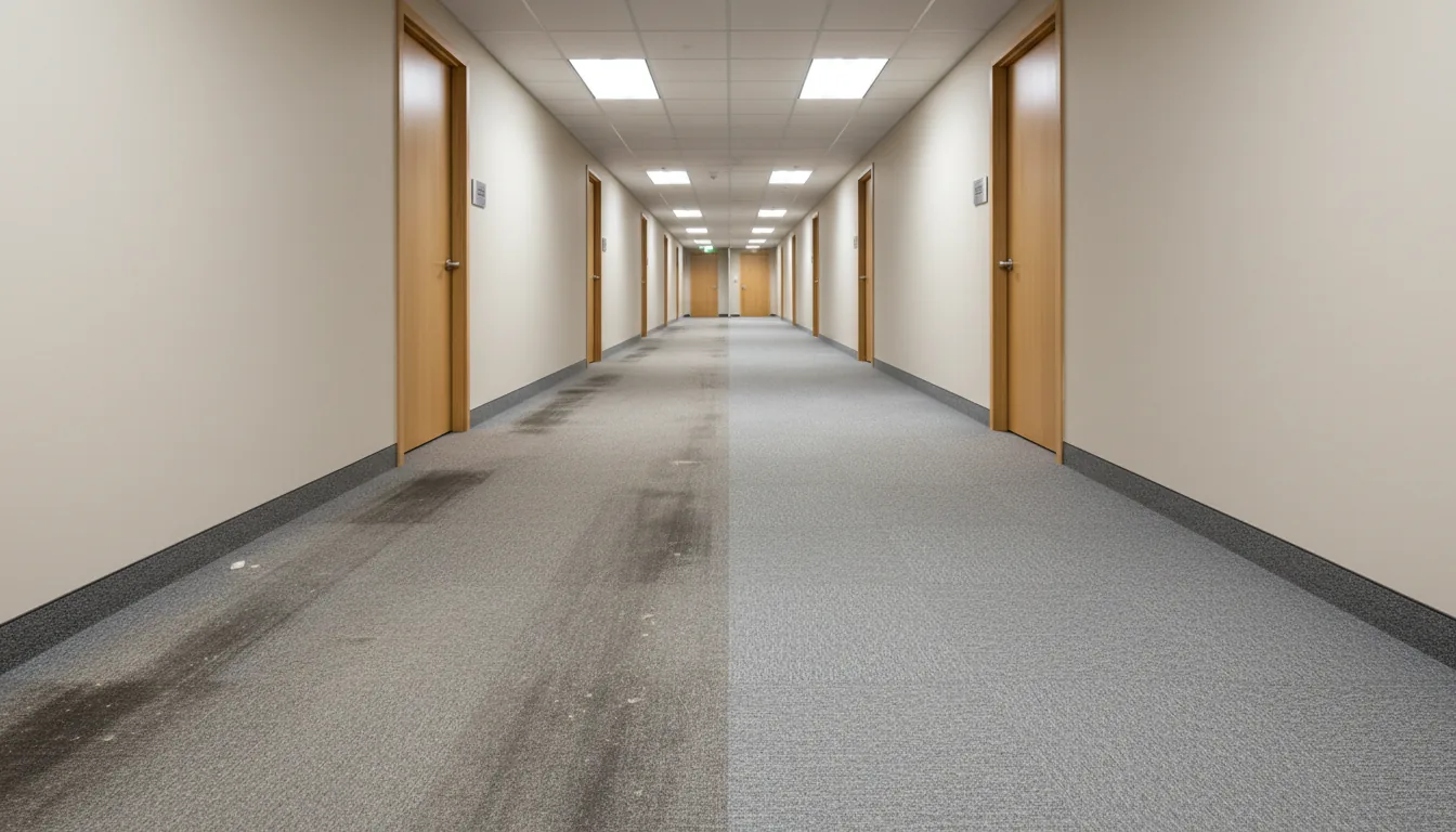 Before and after of an office corridor carpet with traffic lanes removed