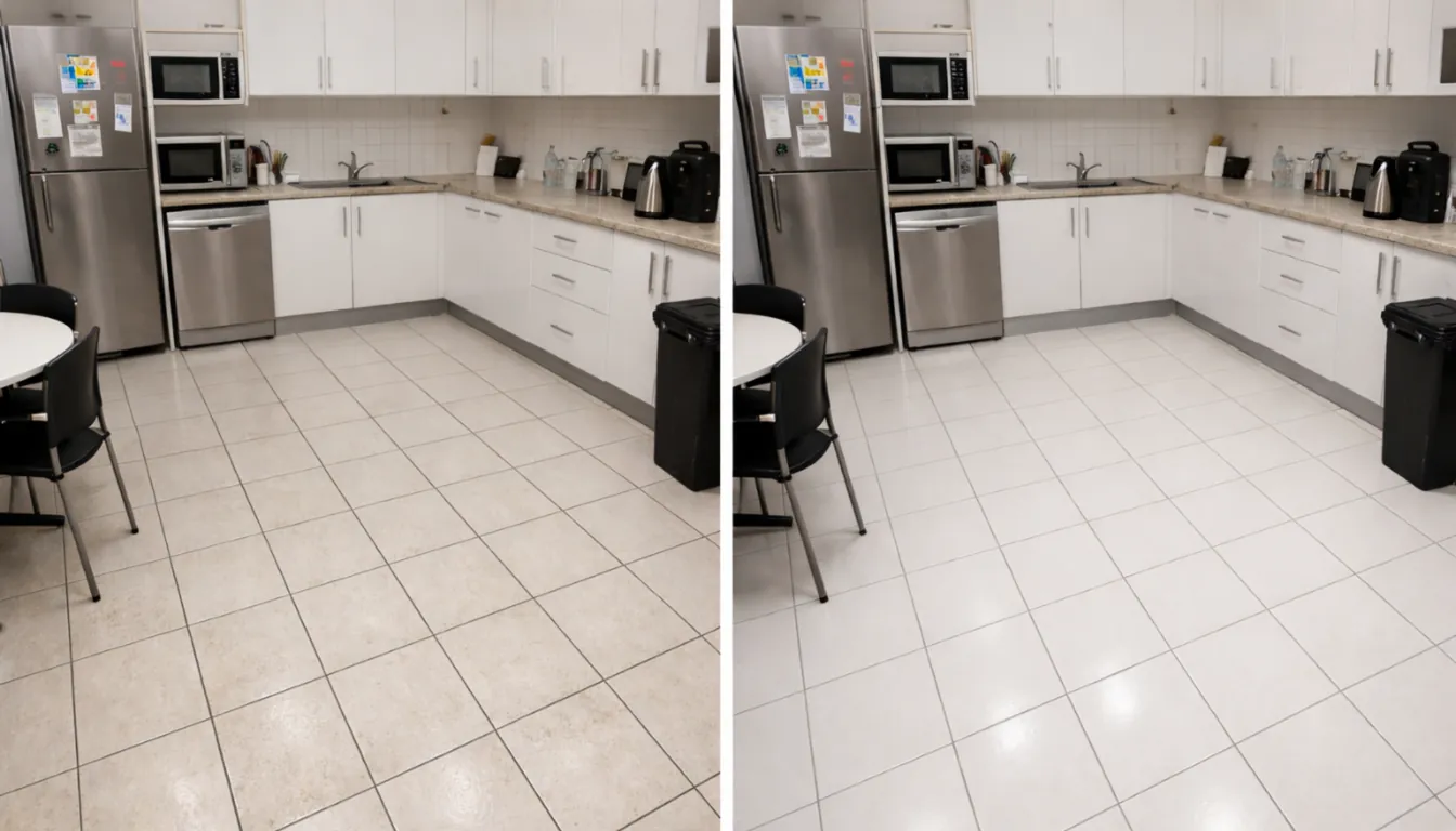 Before and after of a staff kitchen floor restoration