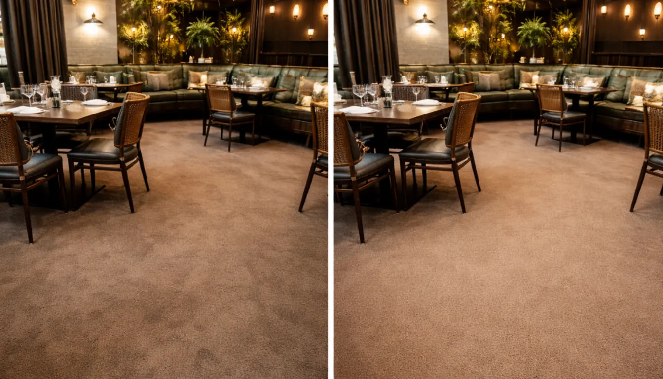 Before and after of a hospitality venue carpet refresh