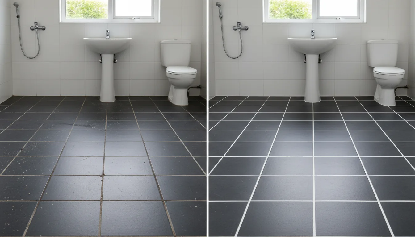 Before and after of rental bathroom tiles deep cleaned