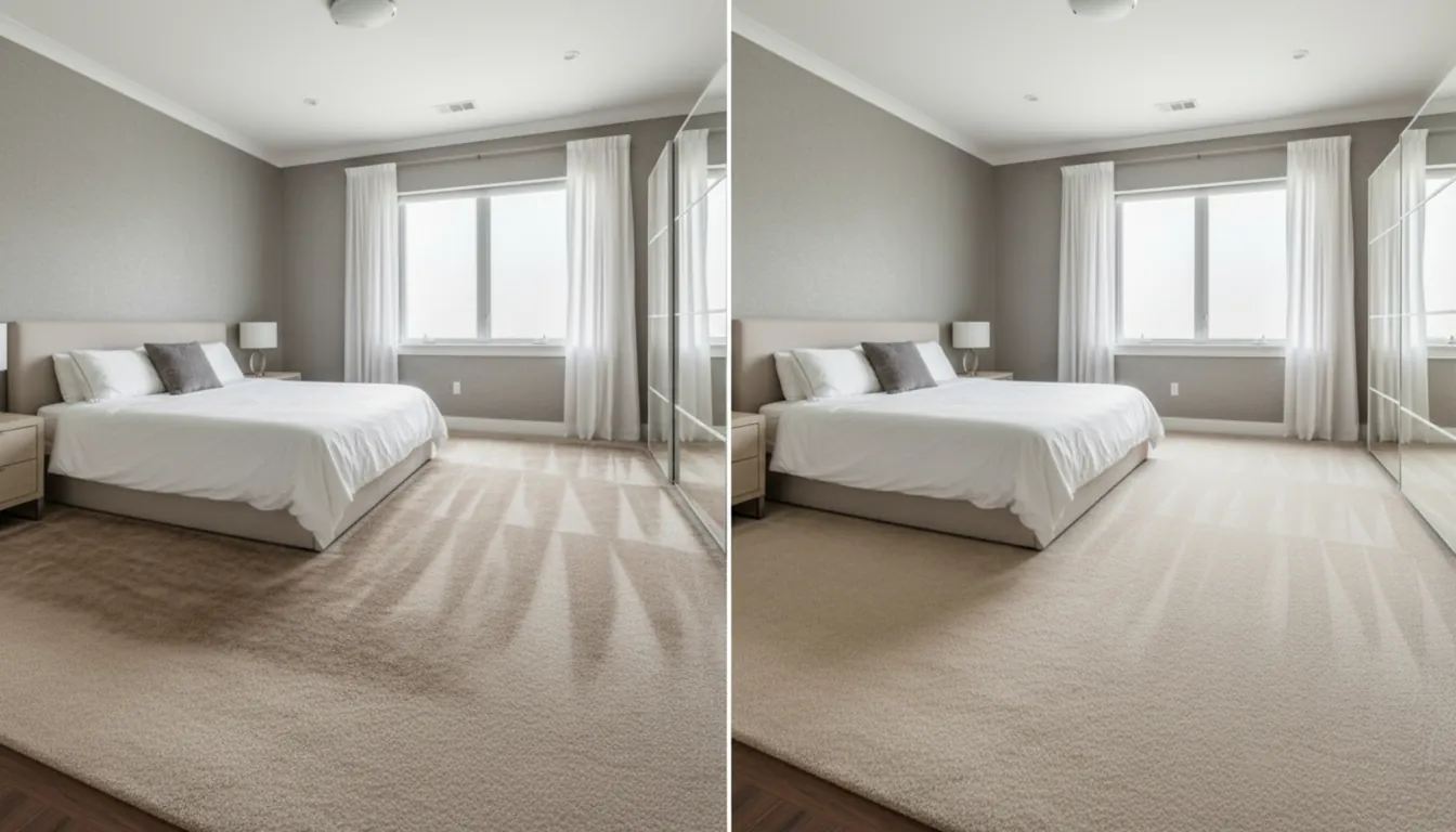 Before and after of a rental bedroom carpet with traffic lanes removed for inspection