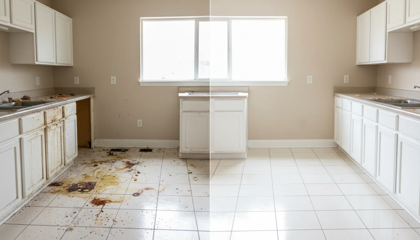 Before and after of a rental kitchen tile floor deep clean
