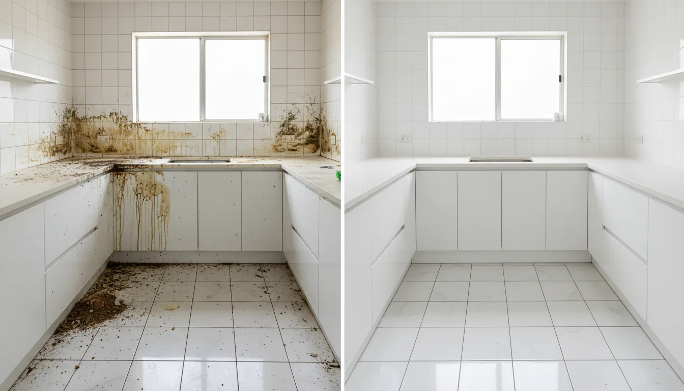 Before and after of a rental kitchen floor with grease and grime removed