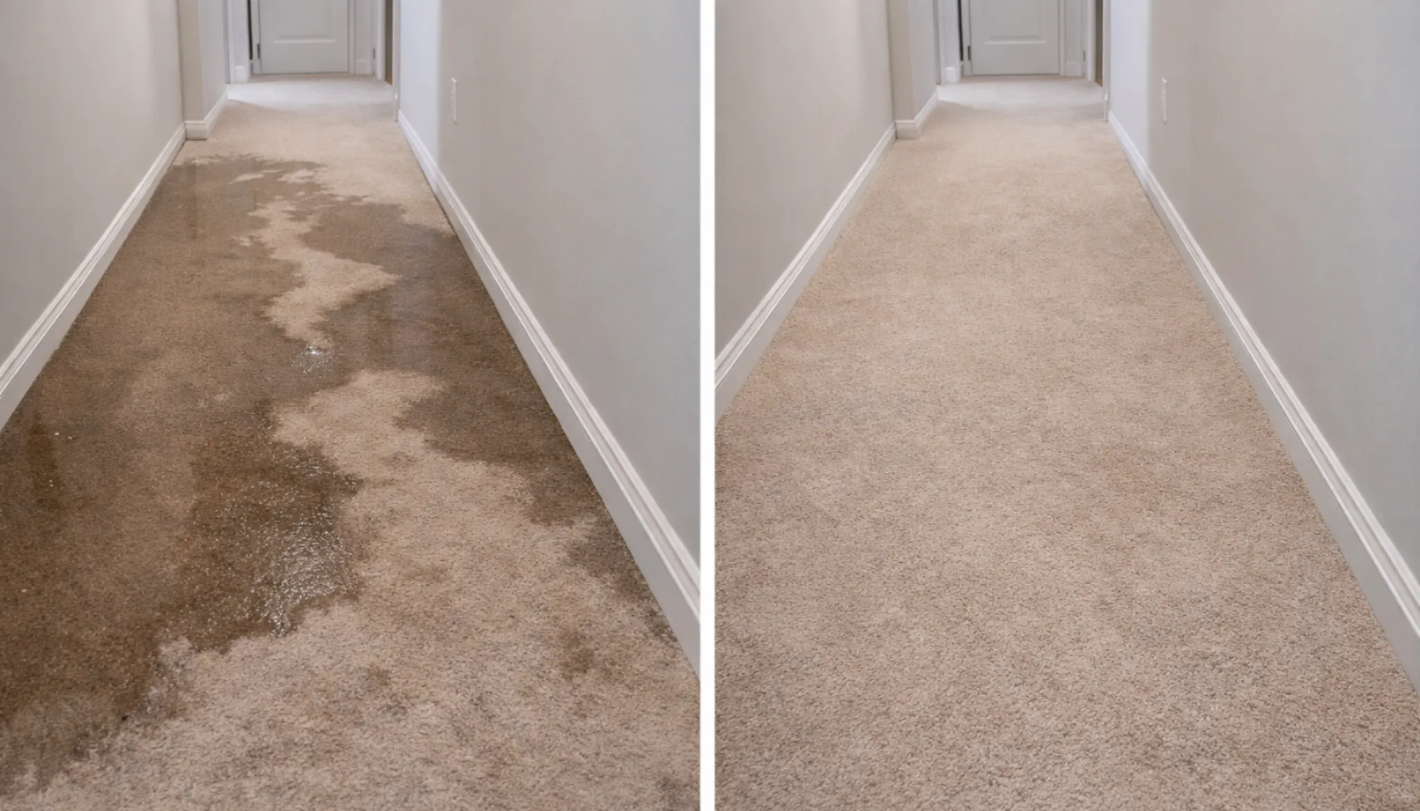 Before and after of hallway carpet flood recovery in Perth
