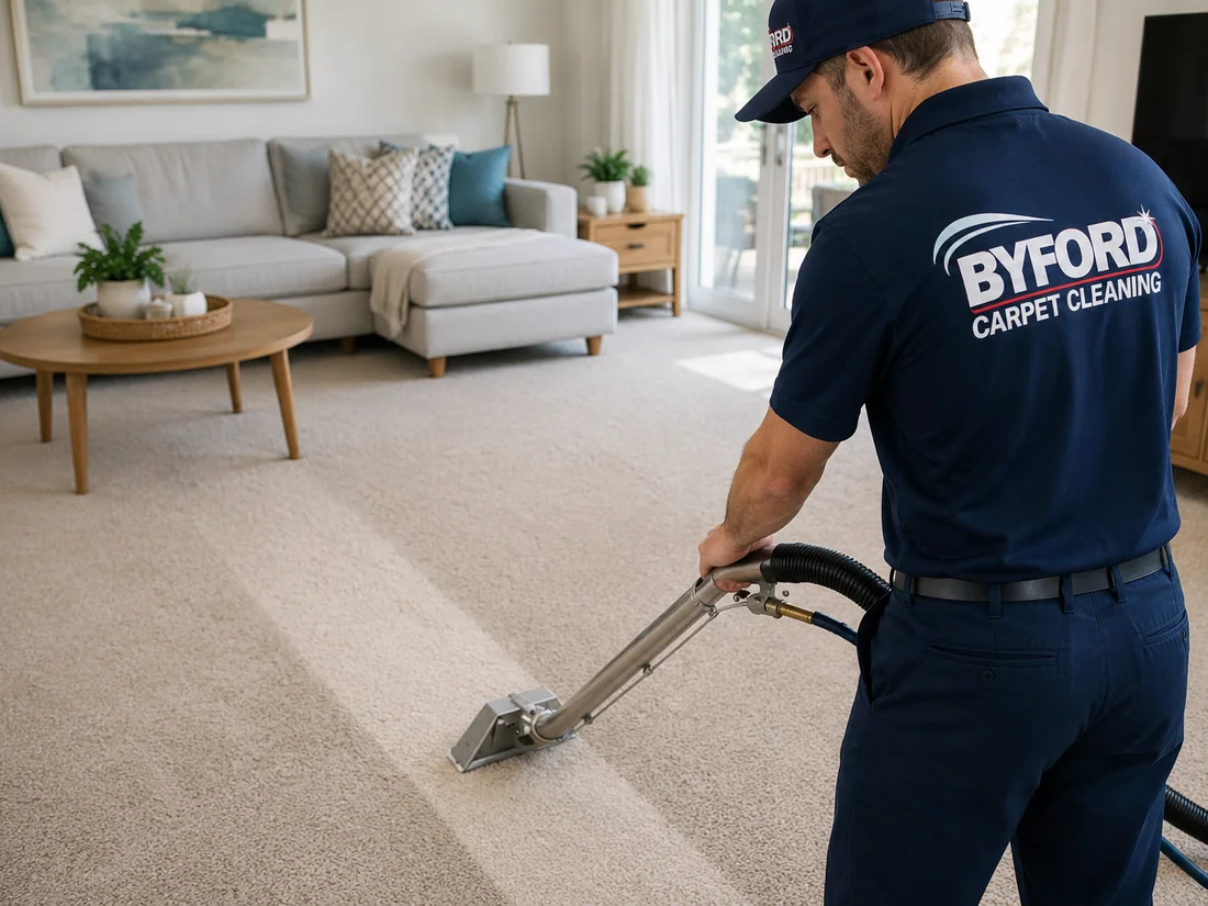 Before and after of carpet under a sofa showing the difference deep cleaning makes