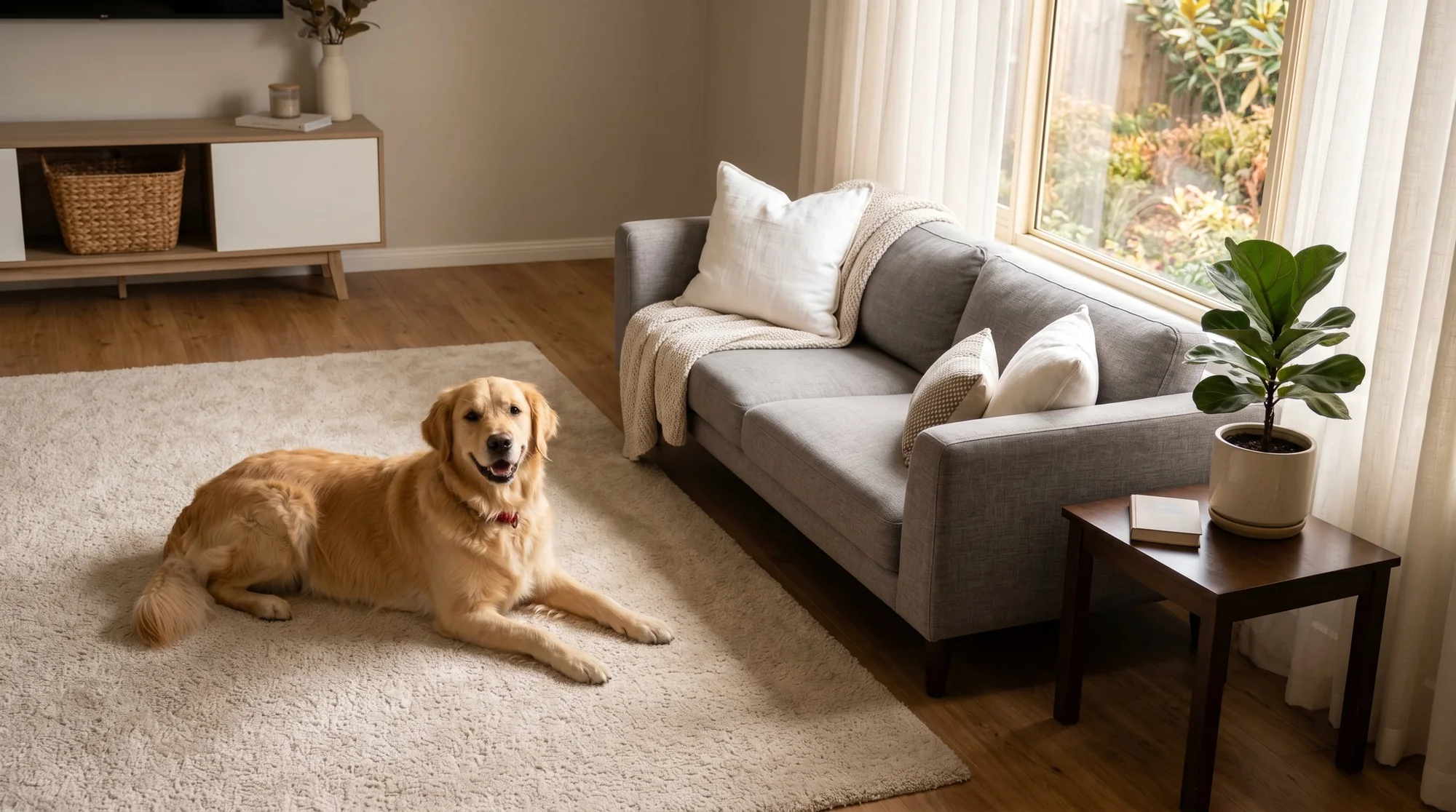 Dog resting on a freshly cleaned, stain-free carpet in Perth