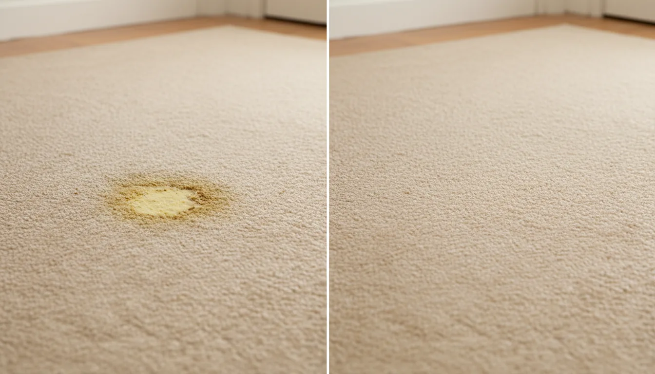Before and after of a pet urine spot removed and odour neutralised