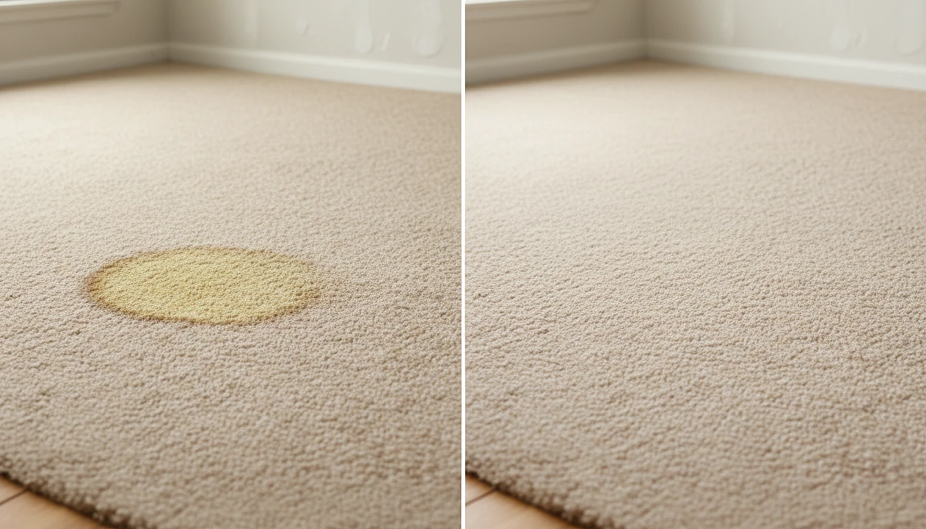 Yellow ring left on carpet by DIY pet stain spray before professional treatment