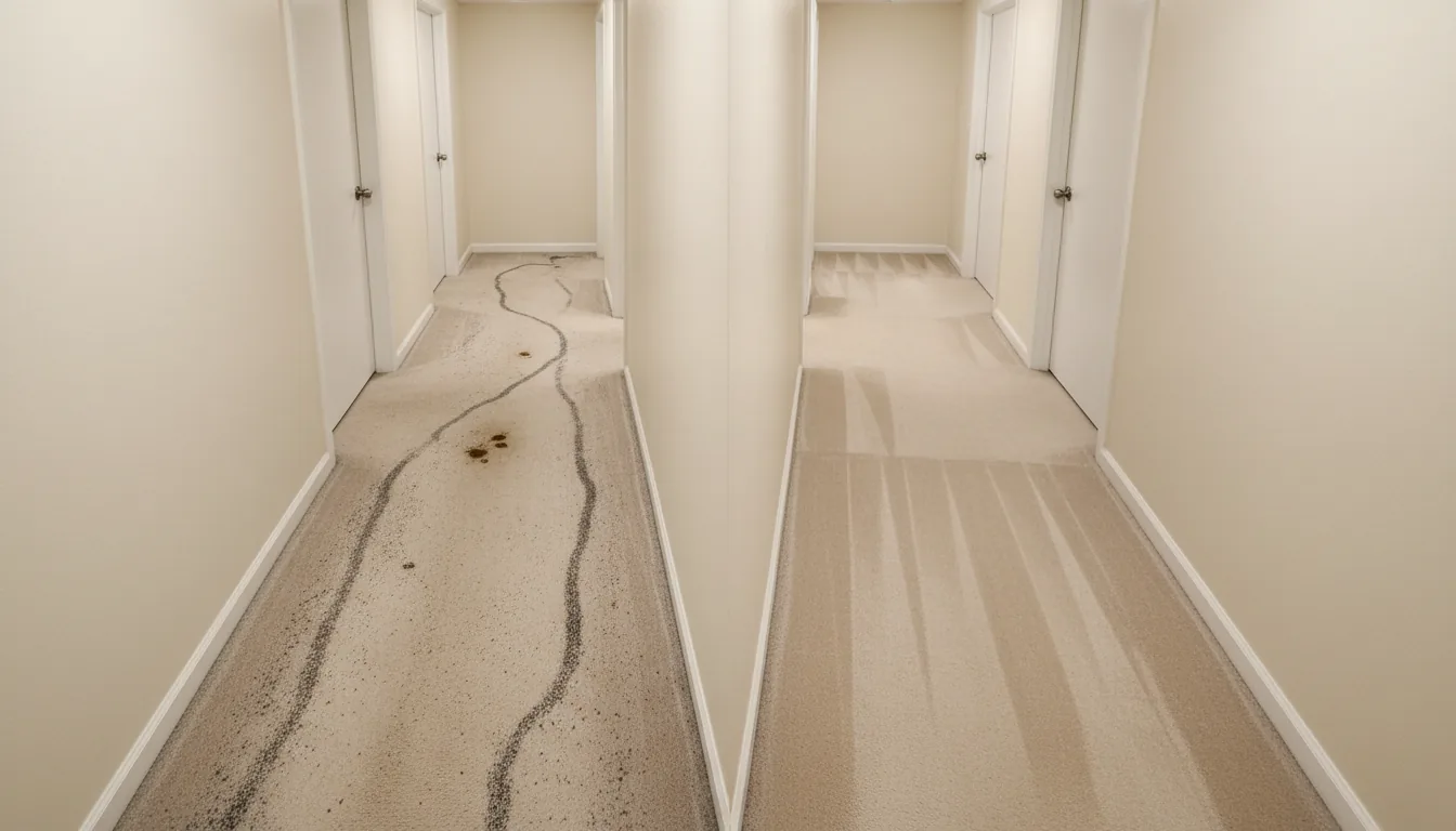 Before and after of a hallway carpet with traffic lanes removed