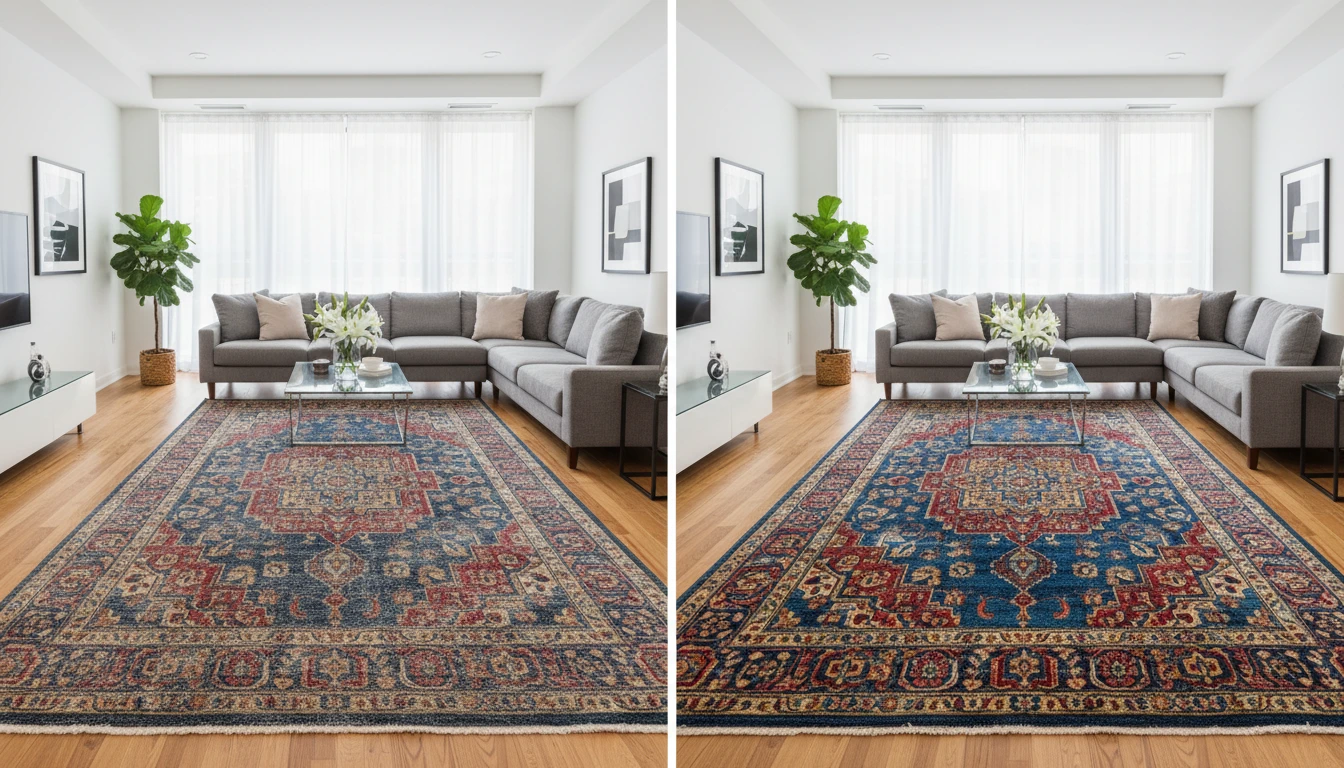 Before and after of a lounge rug restored by Byford Carpet Cleaning