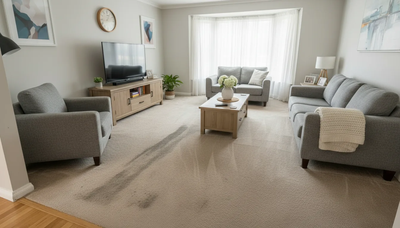 Tired living room carpet with visible traffic lanes before professional cleaning