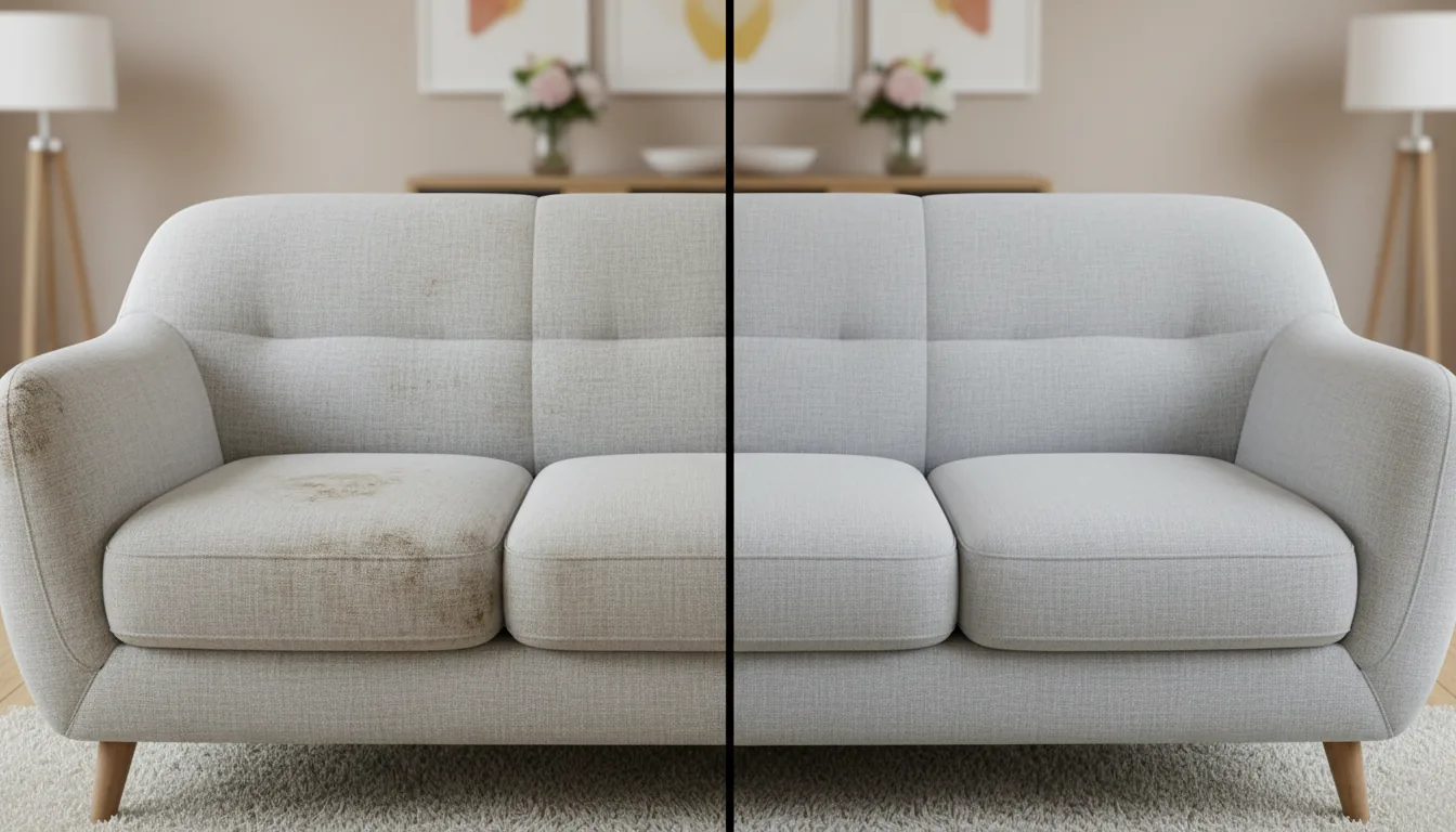 Before and after of a sofa upholstery deep clean