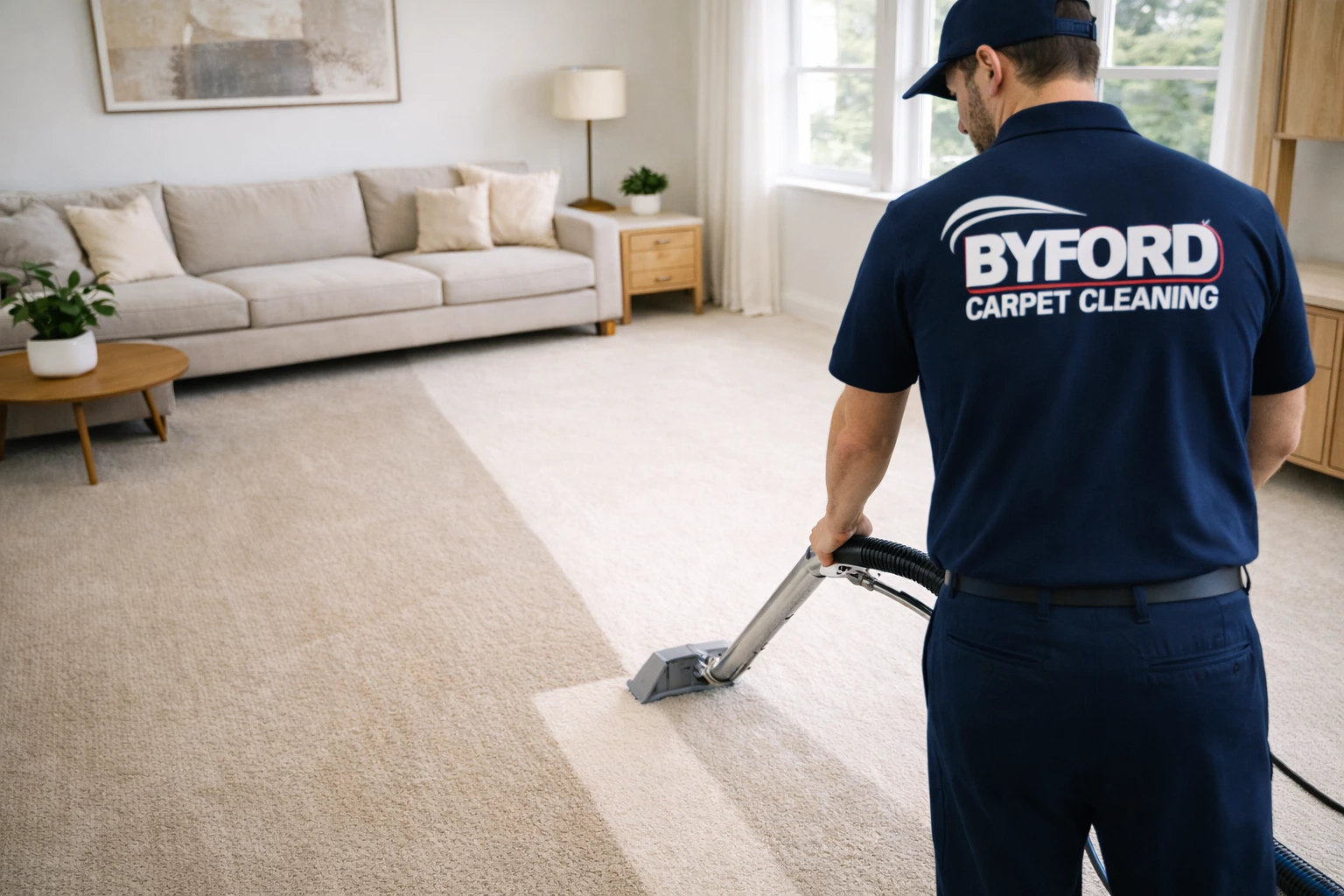 Byford Carpet Cleaning technician hot water extracting a living room carpet