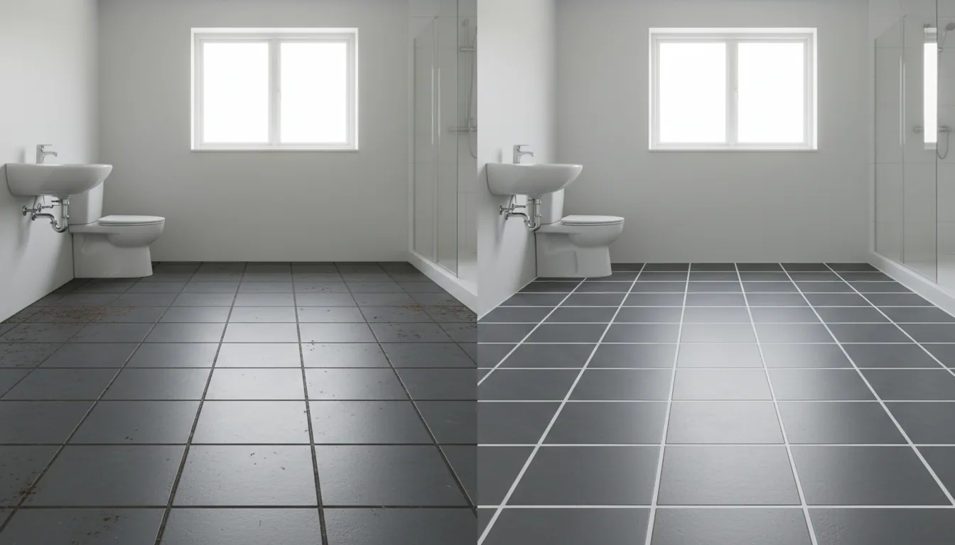 Before and after of a bathroom tiled floor restored in Perth