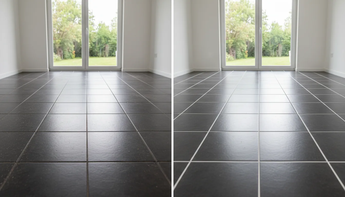 Before and after of a kitchen tiled floor deep cleaned and sealed in Perth