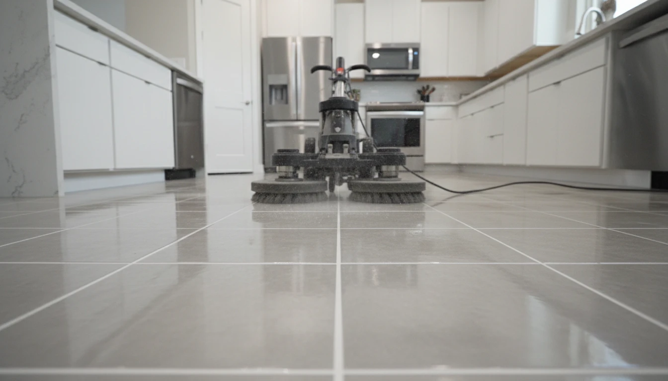 Open-plan living area with sparkling clean tiled floor after professional cleaning in Perth
