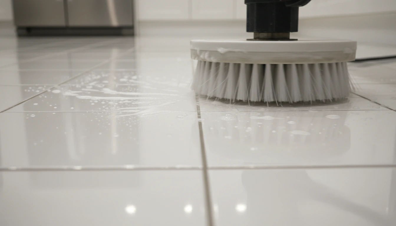 Rotary spinner-head equipment deep cleaning a bathroom tiled floor in Perth